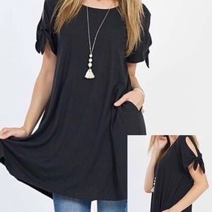 BLACK SWING TIE SLEEVE TUNIC WITH POCKETS